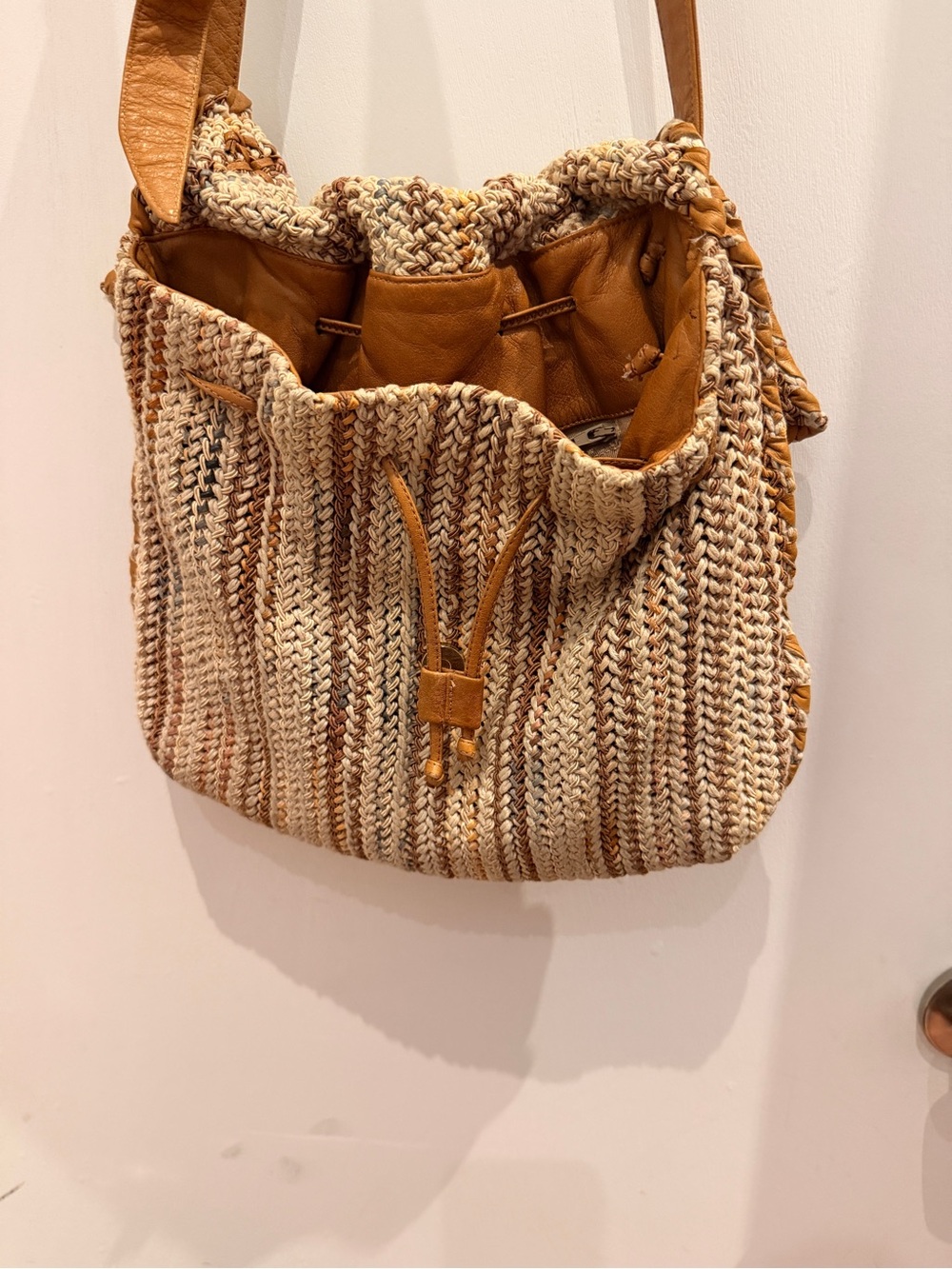 Sharif Vintage Woven Straw & Leather Bucket Bag Camel Boho - Picture 5 of 8